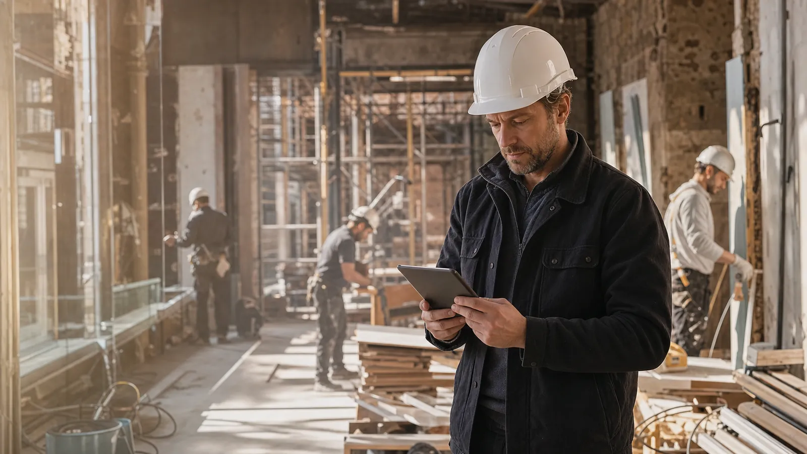Chef de chantier consultant sa tablette pendant que son équipe travaille